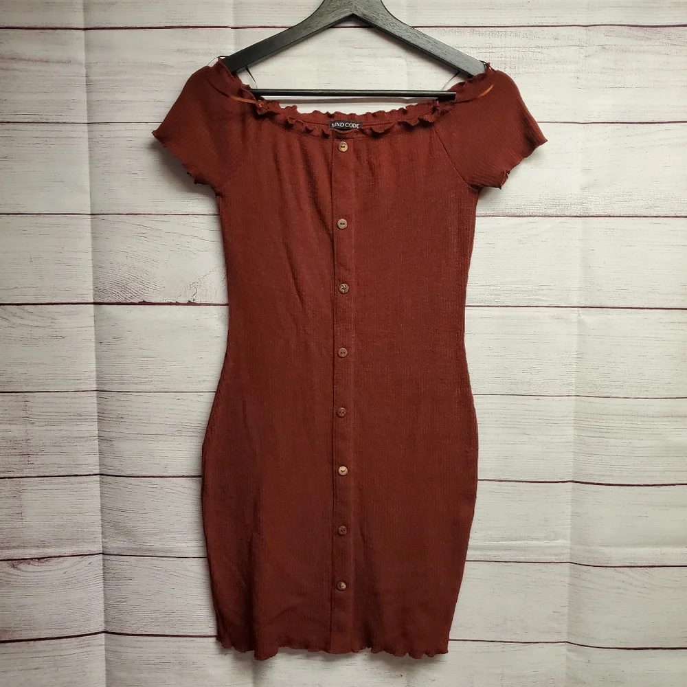 Mind Code Women's Bodycon Off-the-Shoulder Lettuce Edge Ribbed Dress - Picture 10 of 12